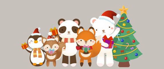 Cute animals with christmas tree and gifts on light background