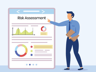 Risk assessment model with a person direction the rules of risk assessment. Person thumbs up and showing documentary rules of risk and assessment model. Hazard assessment document and risk level data.