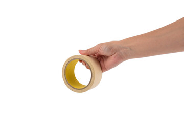 Hand holding and using an insulating tape isolated on transparent background