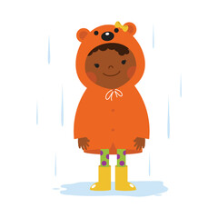 Little Girl In Bear Rain Coat Rainy Day