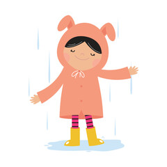 Cute Little Girl In A Bunny Raincoat Rainy Day