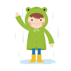 Little Boy In A Frog Rain Coat Rainy Day