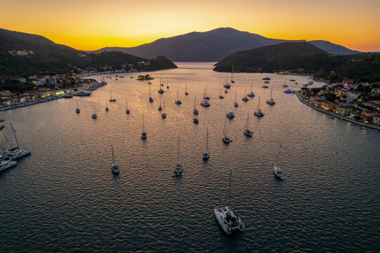 Panoramic view during sunset of the picturesque village Vathy the capital of Ithaca island, Ionian, Greece