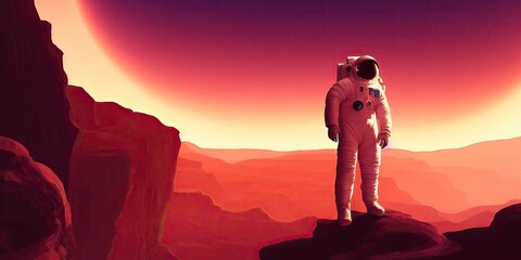 Astronaut on Mars, Spaceman Standing on the Rocky Alien Red Planet of Mars, Exploration of the First Manned Mission to Mars, Space Colonization, digital illustration