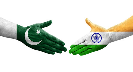 Handshake between India and Pakistan flags painted on hands, isolated transparent image.
