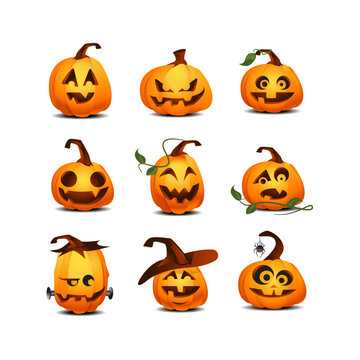 Halloween Jack o' Lantern Pumpkin Set with variety of carved faces for halloween themes. Vector illustrations.