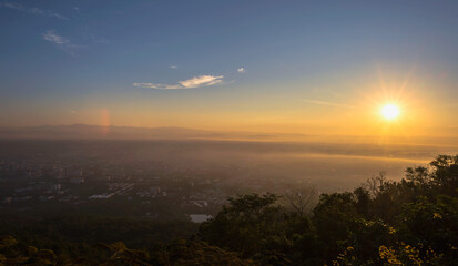 Panoramic view from above of Chiang Mai city during sunrise in the morning, Chiang Mai, Thailand
