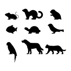 Set of black silhouette wild forest steppe animals. Vector illustration isolated on white, side view profile. Collection woodland animals.