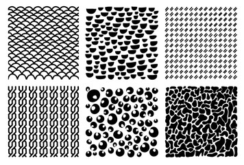 Abstract hand drawn geometric simple minimalistic patterns set. Semicircle, leopard, stripes, rope, random symbols textures. Vector illustration