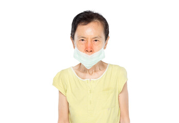 old asian woman have cold and wearing a virus mask worried about covid-19