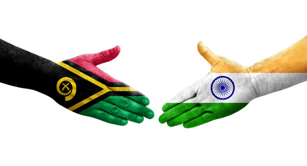 Handshake between India and Vanuatu flags painted on hands, isolated transparent image.