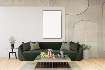 3D illustration Mockup blank photo frame in living room rendering