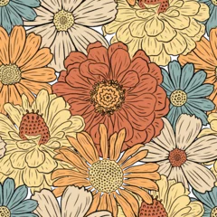 Deurstickers Retro flower vector pattern. Hippie 70s floral repeat background. Warm abstract floral print, fabric design. Vintage seamless pattern with flowers, graphic line art, seventies style. Daisy wallpaper. © Яна Фаркова