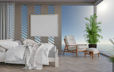 3D mockup blank photo frame in bedroom at pool villa