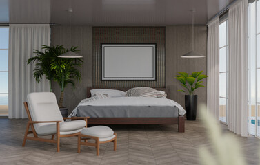 3D mockup blank photo frame in bedroom at pool villa