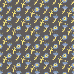 Seamless autumnal floral pattern. Blue and yellow cartoon simple flowers on grey background. Kids and home textile. Wrapping and gift or scrapbooking paper. Wallpaper. Book cover.