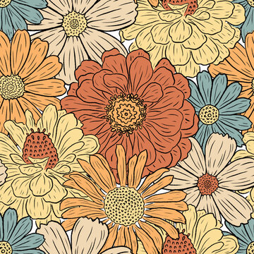 Retro flower vector pattern. Hippie 70s floral repeat background. Warm abstract floral print, fabric design. Vintage seamless pattern with flowers, graphic line art, seventies style. Daisy wallpaper.