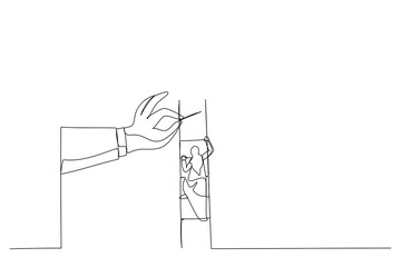 Fototapeta na wymiar Cartoon of big hand help arab woman build ladder. One line art style