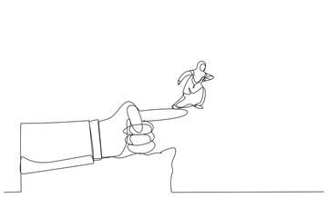 Cartoon of giant hand pointing to the wrong way to arab businesswoman. One line style art