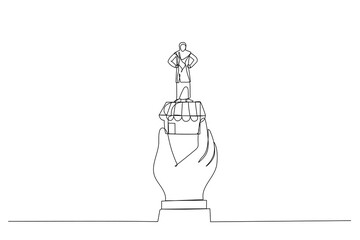 Illustration of success muslim businesswoman holding winner flag on small store in giant hand. Metaphor for small business idea, successful entrepreneur. Single continuous line art