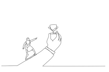 Drawing of aran woman run with full effort to reach trophy cup in giant hand. Metaphor for motivation to achieve goal, small win to motivate employee. Continuous line art style