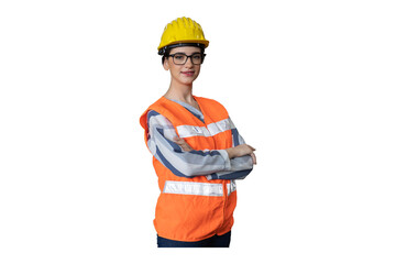 Portrait of female engineer wear uniform and safety helmet standing with arms crossed on...