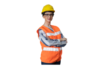 Portrait of female engineer wear uniform and safety helmet standing with arms crossed on transparent background