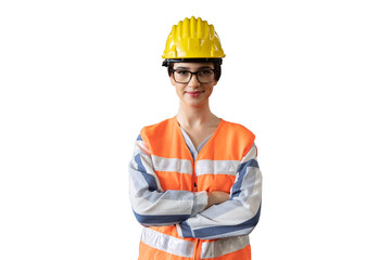 Portrait of female engineer wear uniform and safety helmet standing with arms crossed on...