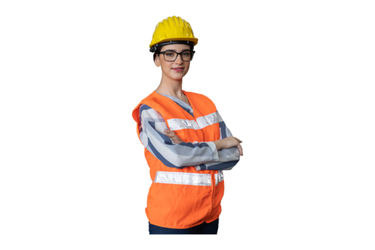 Portrait of female engineer wear uniform and safety helmet standing with arms crossed on transparent background