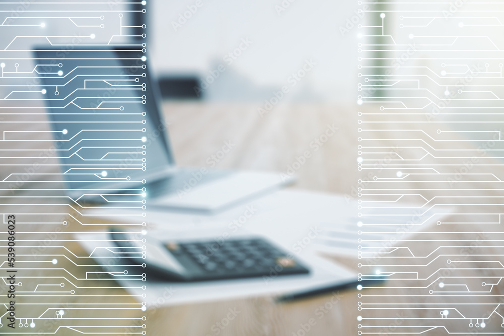 Poster abstract virtual microscheme illustration on calculator and laptop background. big data and database