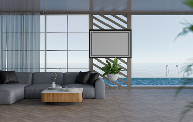 3D mockup blank photo frame in living room rendering