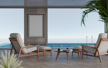 3D mockup blank photo frame in living room rendering