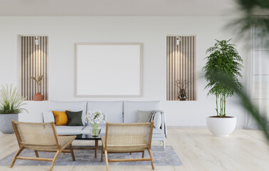 3D mockup blank photo frame in living room rendering