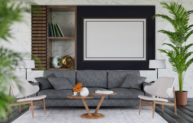 3D mockup blank photo frame in living room rendering