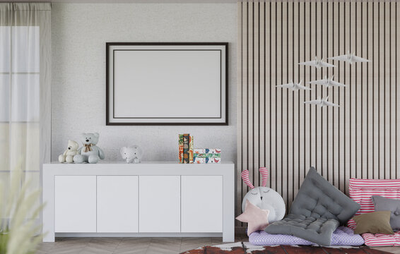 3D mockup blank white board in chirldren room rendering