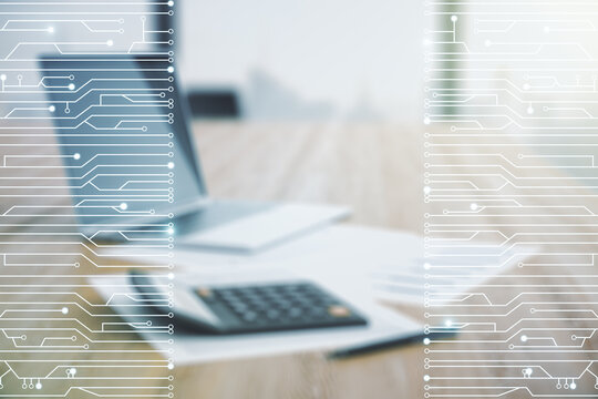 Abstract virtual microscheme illustration on calculator and laptop background. Big data and database concept. Multiexposure