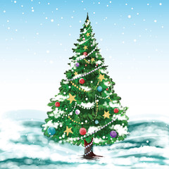 Christmas tree in winter holiday card background