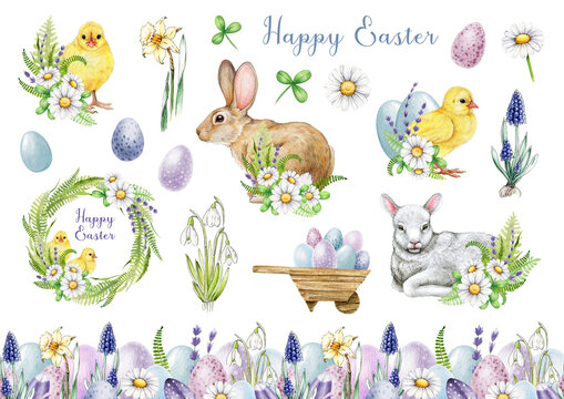 Easter flower festive traditional decor element set. Watercolor illustration. Hand bunny, chicks, eggs, lamb, spring garden flowers, seamless border elements. Easter decoration set