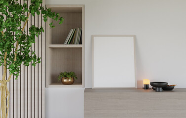 3D mockup blank photo frame in living room rendering