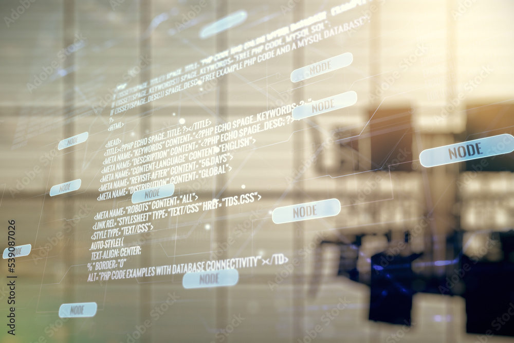 Poster double exposure of abstract programming language interface on a modern meeting room background, rese