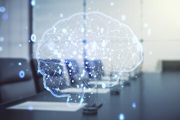 Double exposure of creative human brain microcircuit hologram on a modern boardroom background....