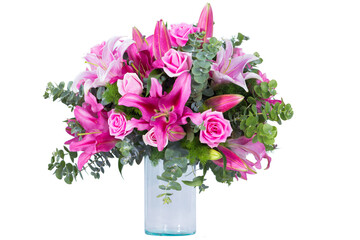 Flower vase on white background , pink rose and lily