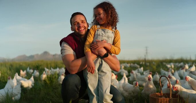 Man with girl, happy chicken farmer and organic livestock sustainability farming planning for healthy harvest. Child smile at dad, sustainable egg farm and free range eco friendly poultry agriculture