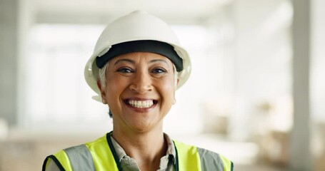 Logistics, construction and architect working on renovation, building development and home maintenance. Face portrait of a mature worker with smile in management of an architecture home project