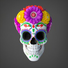 Traditional Calavera, Sugar Skull decorated with flowers. The day of the dead.