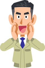 大声で呼びかける工務店の男性
