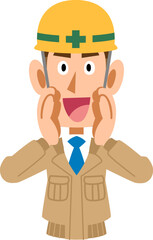 大声で呼びかけるヘルメットを被りベージュ色の作業着を着た男性
