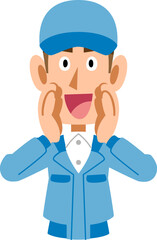 大声で呼びかける青い作業着の男性
