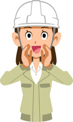 大きな声で呼ぶヘルメットを被り作業着を着た女性
