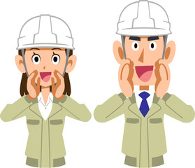大声で呼びかけるヘルメットを被った工務店の男女
